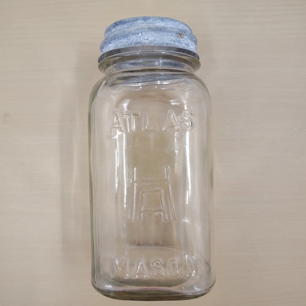 ATLAS String Mason Quart Clear Glass Canning Jar Square Jar Vintage Boyds Cap